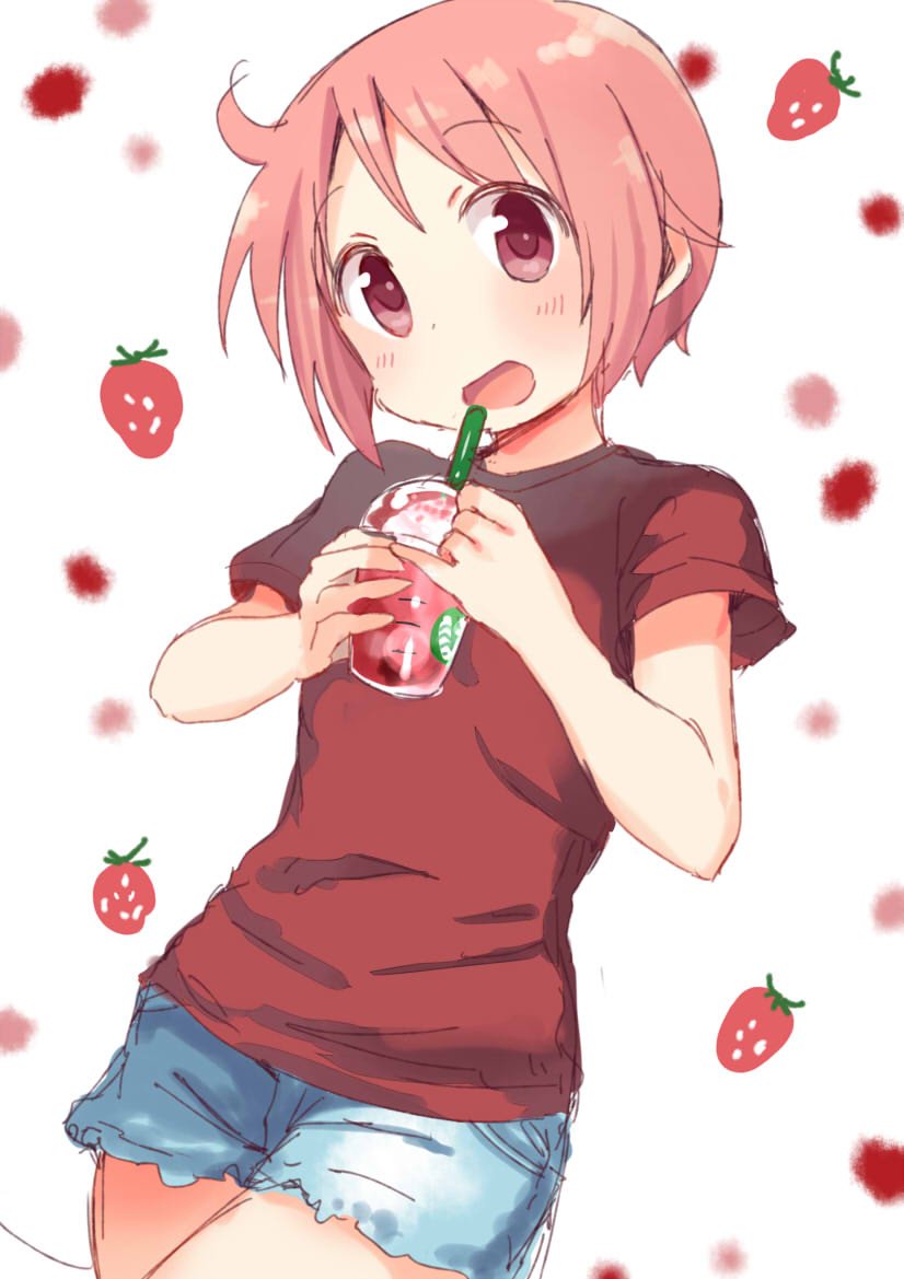 :d bangs blush bob_cut cowboy_shot cup denim denim_shorts disposable_cup drinking_straw eyebrows_visible_through_hair food frappuccino fruit happy head_tilt holding holding_cup looking_at_viewer nonohara_yuzuko open_mouth pink_eyes pink_hair red_shirt shirt short_hair shorts sidelocks simple_background sketch smile solo strawberry t-shirt tatsunokosso white_background yuyushiki
