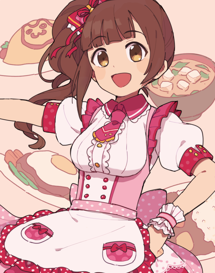 :d apron bow bowl brown_eyes brown_hair collar collared_dress commentary costume_request dress eyebrows_visible_through_hair food frilled_apron frilled_collar frilled_neckwear frills gomi_(kaiwaresan44) hair_bow hair_ribbon hand_on_hip idolmaster idolmaster_cinderella_girls idolmaster_cinderella_girls_starlight_stage igarashi_kyouko large_bow maid_apron necktie open_mouth pink_apron pink_bow pink_dress pink_neckwear polka_dot polka_dot_dress puffy_sleeves red_bow ribbon short_dress side_ponytail smile solo soup standing upper_body wristband
