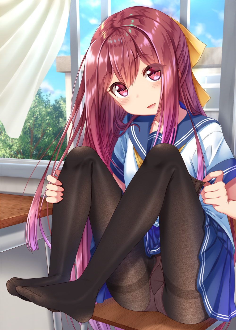 :d alternate_costume blue_sailor_collar blue_skirt blue_sky blush brown_legwear classroom cloud cloudy_sky comiket_92 commentary_request curtains day desk eyebrows_visible_through_hair fine_fabric_emphasis gradient_hair gurande_(g-size) gusset hair_ribbon highres indoors kamikaze_(kantai_collection) kantai_collection long_hair looking_at_viewer multicolored_hair neckerchief no_shoes open_mouth pantyhose parted_lips pink_hair pleated_skirt red_eyes red_hair ribbon sailor_collar school school_desk school_uniform serafuku shirt short_sleeves skirt sky smile solo thighband_pantyhose very_long_hair white_shirt window yellow_neckwear yellow_ribbon
