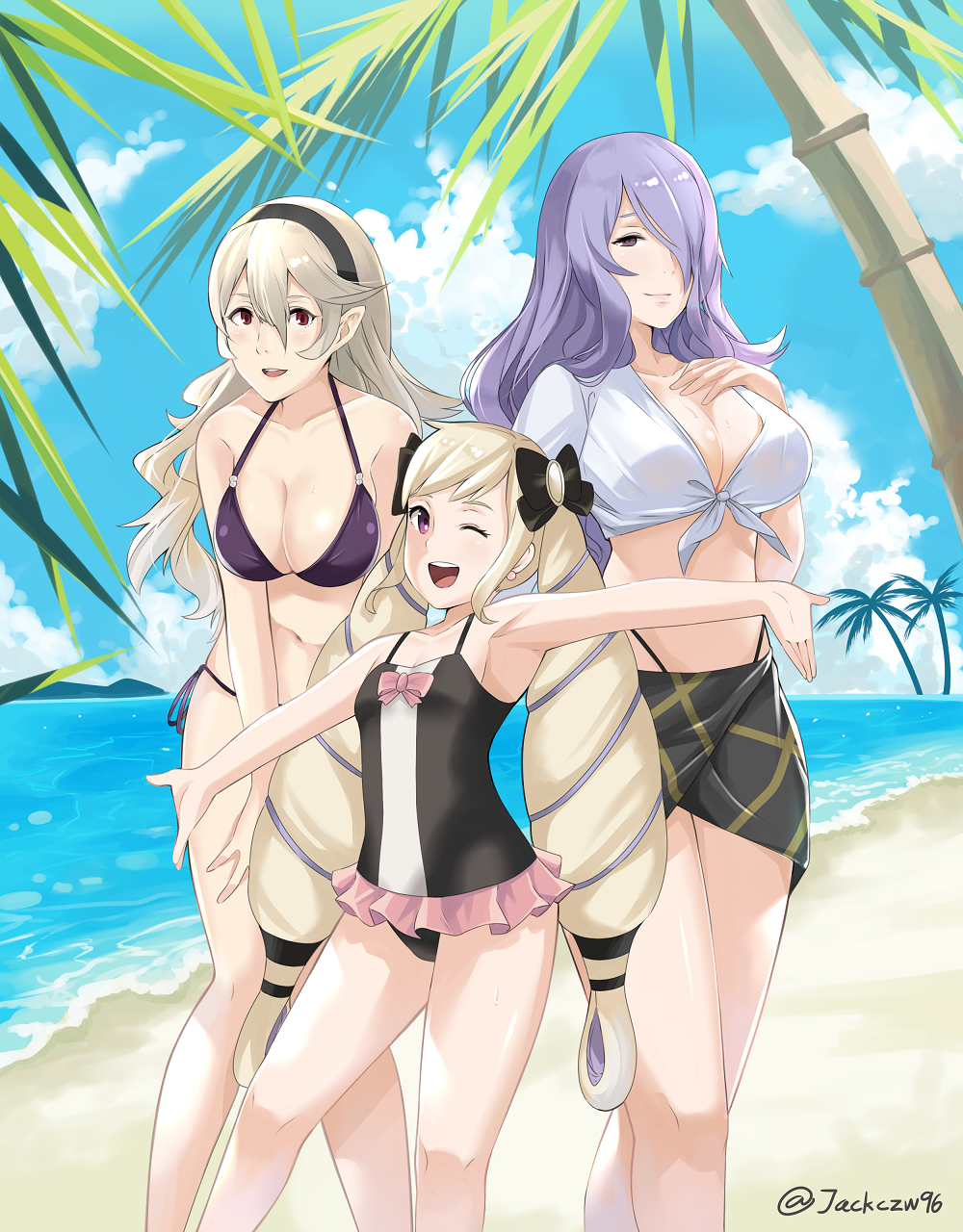 bikini breasts camilla_(fire_emblem_if) cleavage drill_hair elise_(fire_emblem_if) female_my_unit_(fire_emblem_if) fire_emblem fire_emblem_heroes fire_emblem_if hair_over_one_eye hairband highres j@ck large_breasts long_hair looking_at_viewer mamkute my_unit_(fire_emblem_if) navel one-piece_swimsuit one_eye_closed purple_eyes purple_hair siblings sisters smile swimsuit tiara twin_drills twintails very_long_hair water wavy_hair