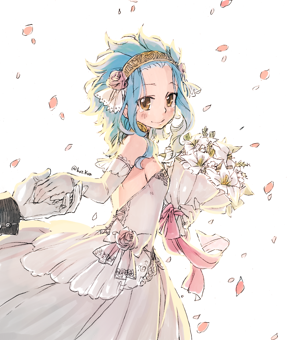 blue_hair blush bouquet breasts brown_eyes dress elbow_gloves eyebrows_visible_through_hair fairy_tail flower gloves hair_flower hair_ornament hairband holding holding_bouquet holding_hands levy_mcgarden long_hair looking_at_viewer petals pink_flower rusky sideboob simple_background sleeveless sleeveless_dress small_breasts smile striped striped_dress wedding_dress white_background white_dress white_flower white_gloves yellow_hairband