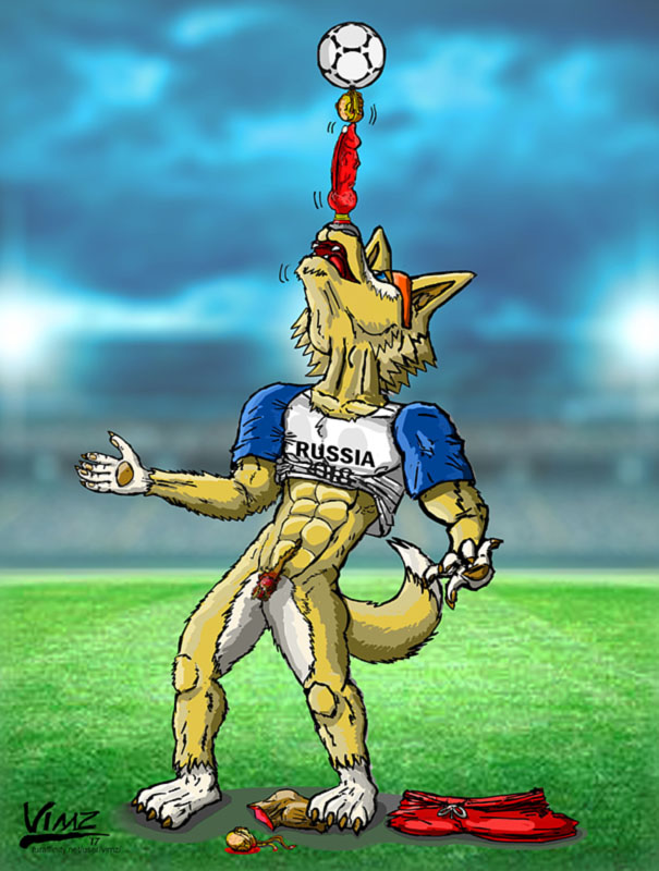 2017 abs animal_genitalia animal_penis anthro balancing ball balls bone bottomless canine canine_penis castration clothed clothing eyewear feet fifa fur genital_mutilation goggles goggles_on_forehead male mammal mascot muscular muscular_male penectomy penis russia signature soccer soccer_ball solo sport vimz wolf zabivaka