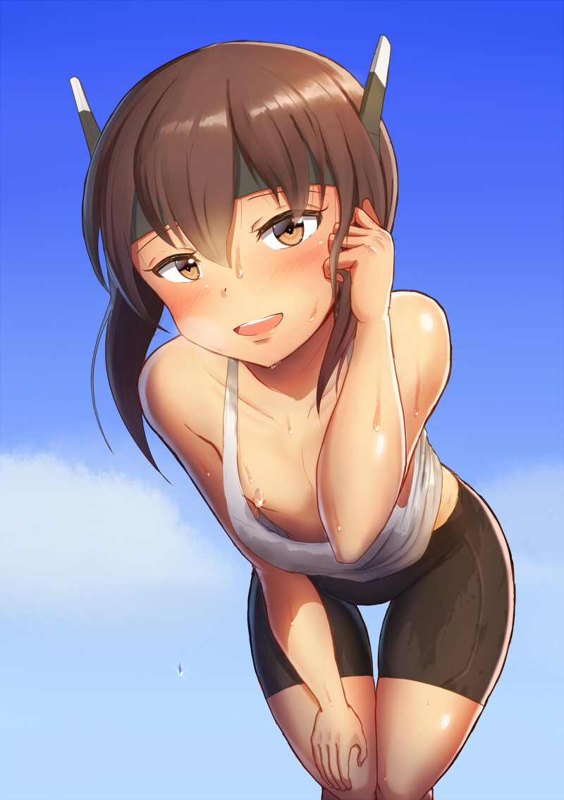 :d areolae bad_anatomy bangs bike_shorts black_shorts blush brown_eyes brown_hair collarbone commentary convenient_censoring flat_chest hair_between_eyes hand_in_hair hand_on_own_knee kantai_collection leaning_forward looking_at_viewer maku_ro open_mouth shiny shiny_skin short_hair shorts smile solo sweat taihou_(kantai_collection) tan thigh_gap upper_teeth wet white_tank_top