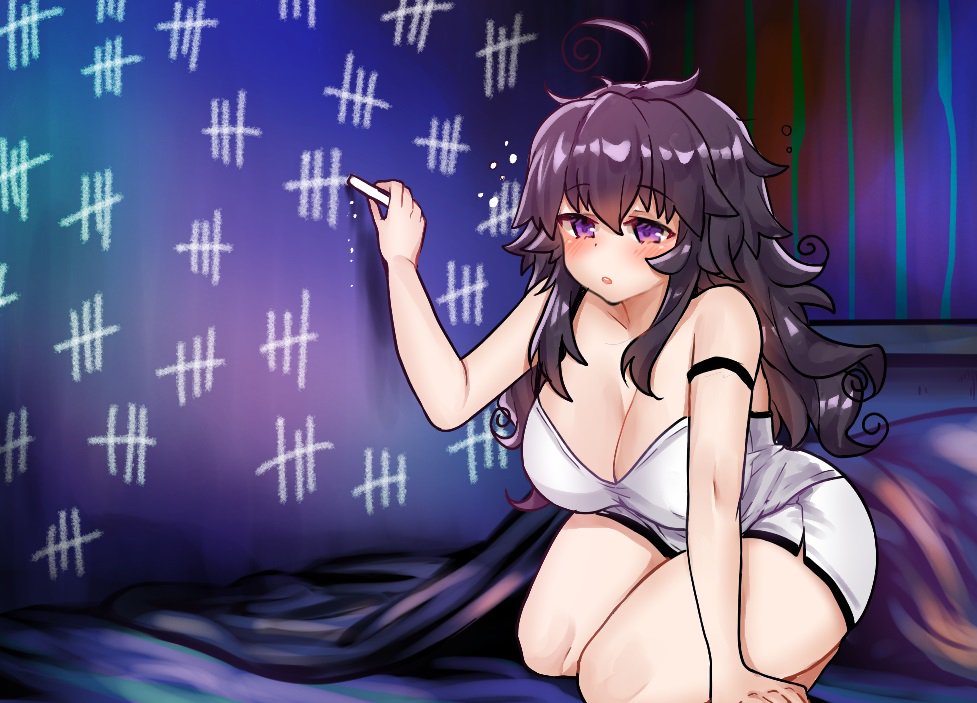 ahoge beads blush breasts camisole chalk cleavage commentary english_commentary holding huge_breasts kneeling long_hair messy_hair nyarla_(osiimi) original osiimi parted_lips prayer_beads purple_eyes purple_hair solo tally waking_up