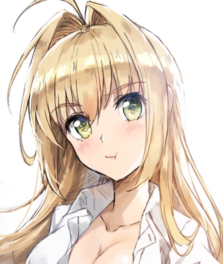 :t ahoge alternate_hairstyle blonde_hair blush breasts cleavage collared_shirt commentary_request eyebrows_visible_through_hair fate/grand_order fate_(series) green_eyes hair_intakes large_breasts long_hair looking_at_viewer naked_shirt nero_claudius_(fate) nero_claudius_(fate)_(all) pout shirt simple_background solo tonee upper_body white_background white_shirt wing_collar