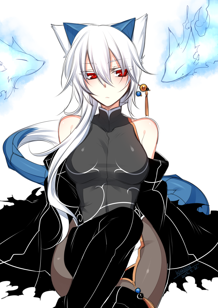 animal_ears bare_shoulders black_legwear bodysuit breasts closed_mouth commentary_request hair_between_eyes hair_ornament hairpin horns konshin medium_breasts original red_eyes sitting solo tail thighhighs white_background white_hair