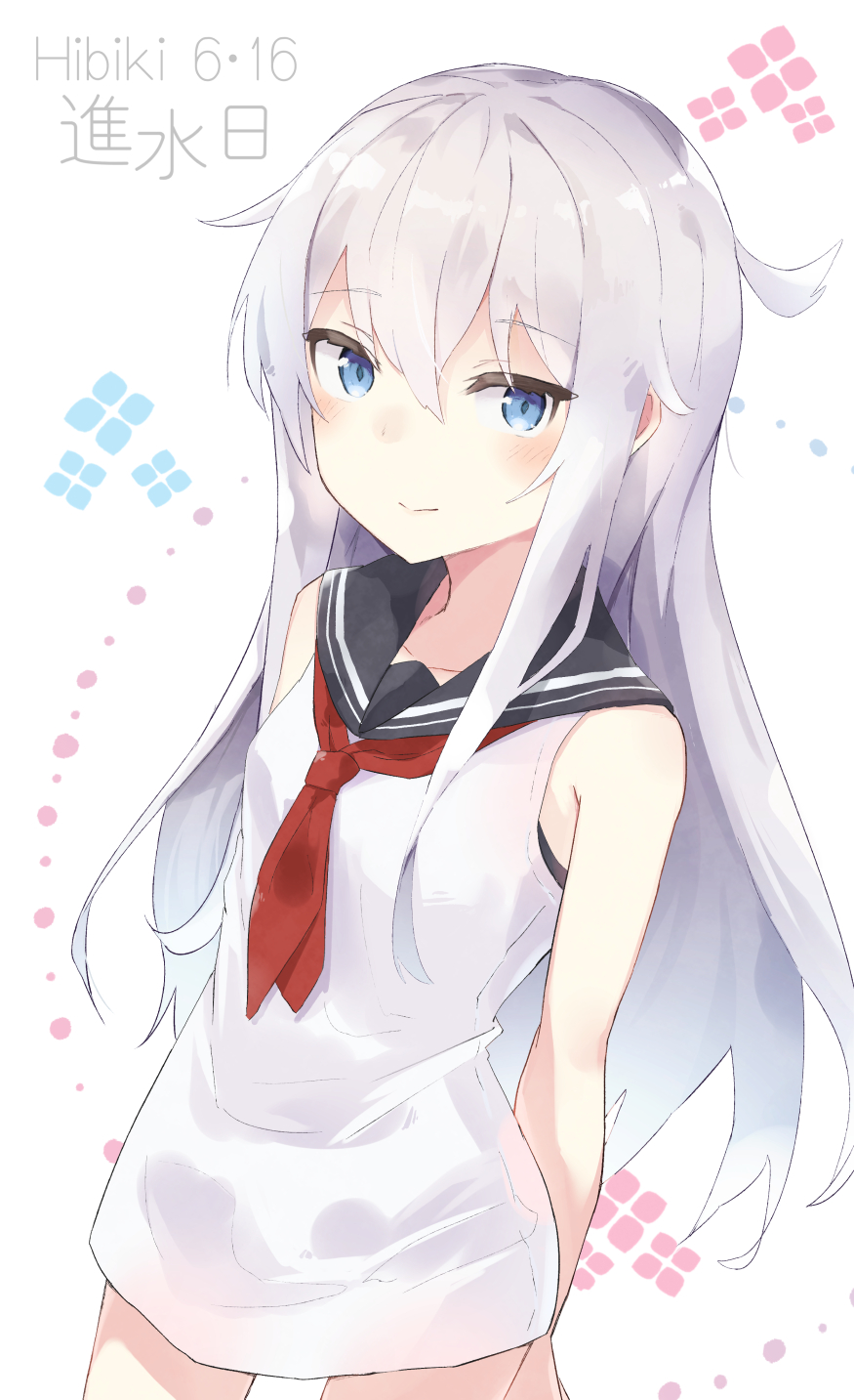 alternate_costume blue_eyes blush breasts closed_mouth commentary_request cube_(cube00) dress eyebrows_visible_through_hair hair_between_eyes hibiki_(kantai_collection) highres kantai_collection long_hair looking_at_viewer neckerchief red_neckwear sailor_collar sailor_dress short_dress silver_hair simple_background sleeveless sleeveless_dress small_breasts smile solo white_background