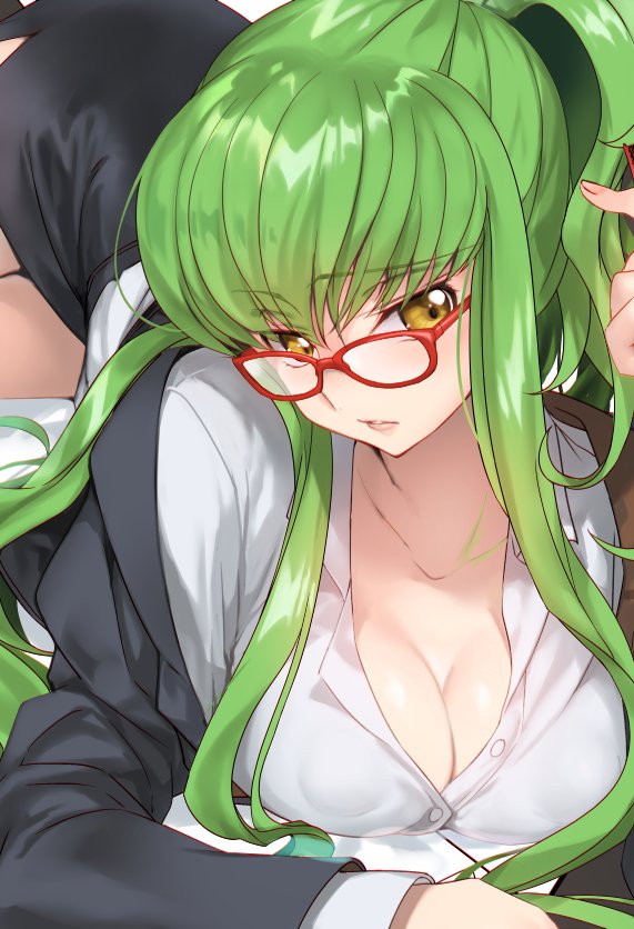 all_fours alternate_costume bangs bent_over black_skirt breasts business_suit c.c. cleavage code_geass collarbone collared_shirt covered_nipples creayus cropped dress_shirt eyebrows_visible_through_hair formal glasses green_hair hanging_breasts jacket large_breasts long_hair lying miniskirt office_lady on_stomach pencil_skirt pursed_lips red-framed_eyewear revision shirt sidelocks skirt skirt_suit solo suit thighs yellow_eyes