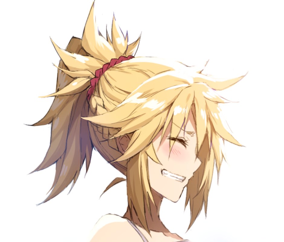 :d blush braid closed_eyes commentary_request fate/apocrypha fate_(series) french_braid from_side hair_ornament hair_scrunchie mordred_(fate) mordred_(fate)_(all) open_mouth ponytail portrait profile red_scrunchie scrunchie sideways_mouth simple_background smile solo tonee white_background