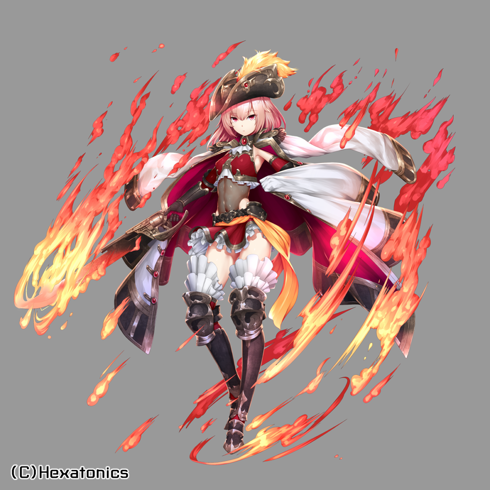 aura boots breasts cape closed_mouth copyright_request covered_navel fire full_body grey_background gun hat holding holding_gun holding_weapon kageshio_(276006) knee_boots long_hair looking_at_viewer multicolored multicolored_cape multicolored_clothes official_art pink_hair red_cape red_eyes simple_background small_breasts solo tricorne watermark weapon white_cape