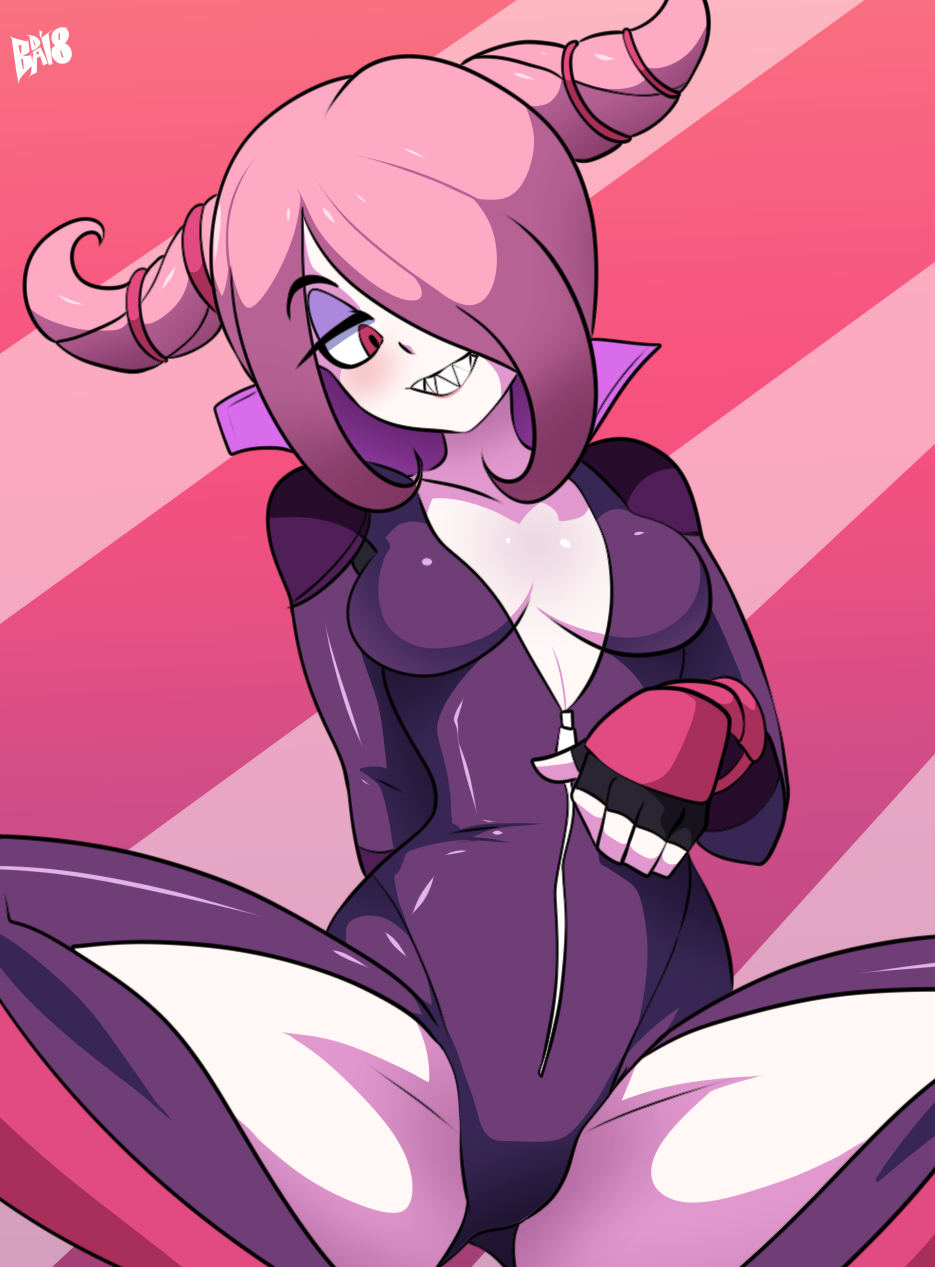 1girl bigdead93 bodysuit breasts cosplay hair_over_one_eye han_juri_(cosplay) little_witch_academia long_hair pink_hair sharp_teeth solo street_fighter sucy_manbavaran twintails