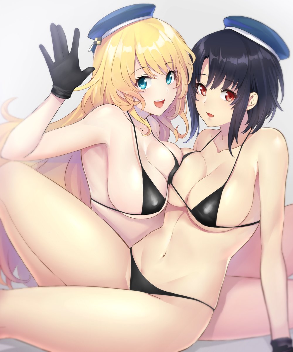 :d arm_support asymmetrical_docking atago_(kantai_collection) beret bikini black_bikini black_gloves black_hair blonde_hair blue_eyes breast_press breasts cleavage commentary_request eyebrows_visible_through_hair gloves hand_up hat highres kantai_collection large_breasts leaning_back long_hair looking_at_viewer multiple_girls navel open_mouth outstretched_hand pantsu_majirou red_eyes short_hair sidelocks sitting smile string_bikini swimsuit takao_(kantai_collection)