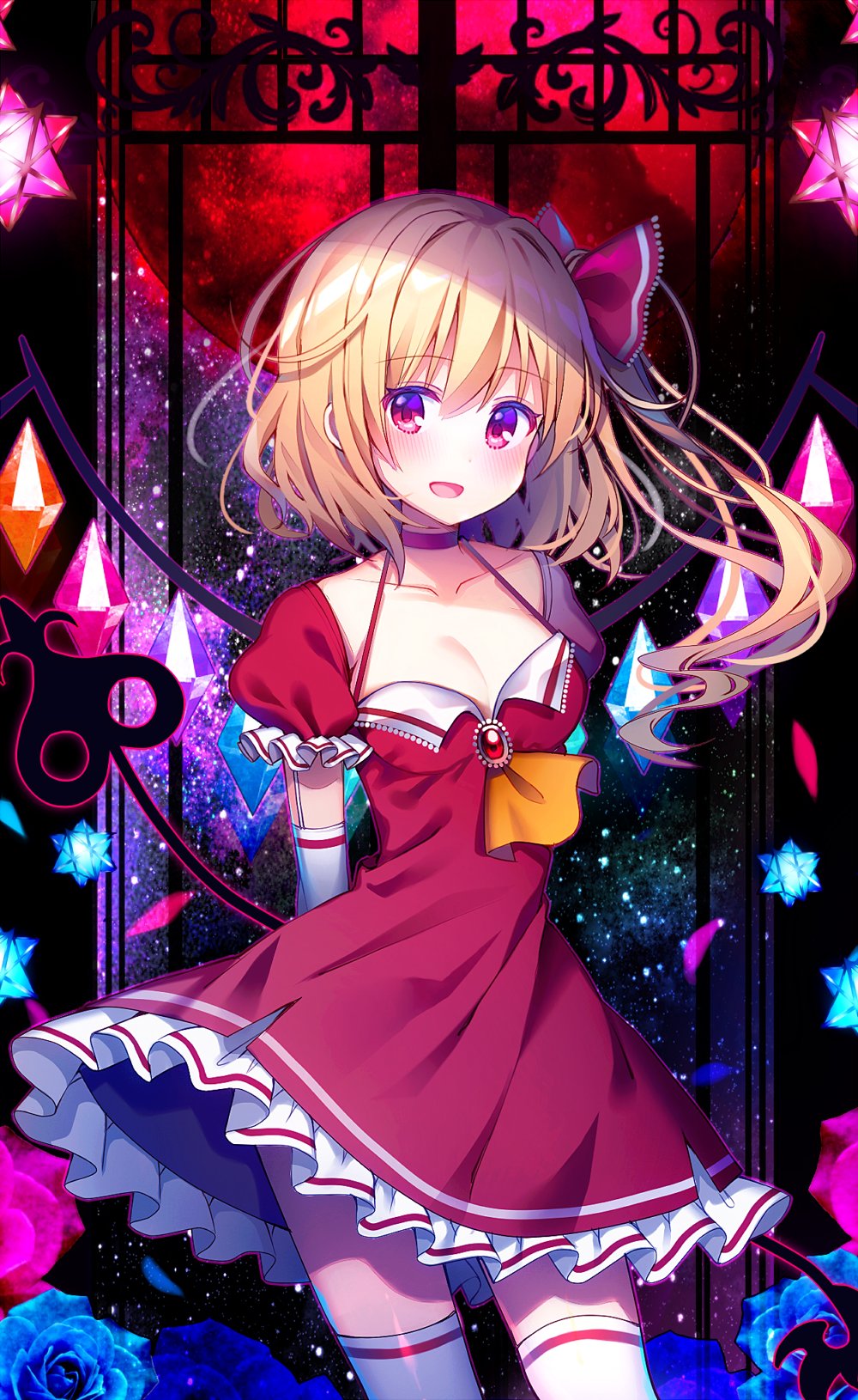 :d adapted_costume arms_behind_back ascot blonde_hair blue_flower blue_rose blush breasts brooch cleavage collarbone commentary_request cowboy_shot crystal dress elbow_gloves eyebrows_visible_through_hair flandre_scarlet flower gloves hair_between_eyes hair_ribbon highres jewelry koto_seori laevatein looking_at_viewer medium_breasts moon no_hat no_headwear one_side_up open_mouth petticoat puffy_short_sleeves puffy_sleeves red_dress red_eyes red_moon red_ribbon ribbon rose short_dress short_hair short_sleeves sky smile solo standing star_(sky) starry_sky thighhighs touhou white_gloves white_legwear wings yellow_neckwear zettai_ryouiki