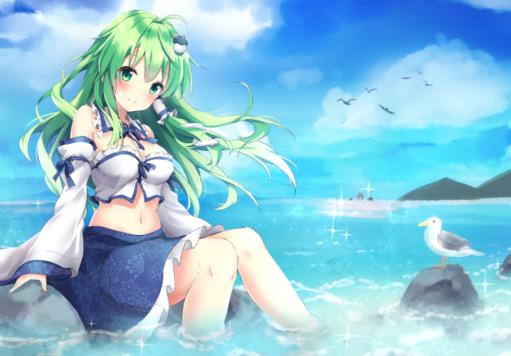 bangs bare_legs bare_shoulders bird blue_skirt blue_sky blush breasts closed_mouth cloud cloudy_sky commentary_request day detached_collar detached_sleeves floating_hair frog_hair_ornament green_eyes green_hair hair_ornament hair_tubes kochiya_sanae long_hair looking_at_viewer medium_breasts midriff navel non_(nobu) ocean outdoors rock seagull sitting skirt sky smile snake_hair_ornament soaking_feet solo summer torii touhou water