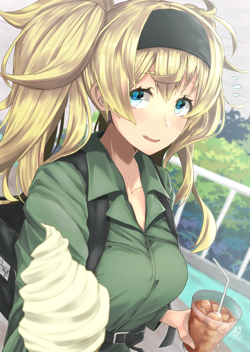 alternate_costume awkward bag bangs blonde_hair blue_eyes blurry blurry_background blush breasts bush casual collarbone collared_shirt commentary_request cup day eyebrows_visible_through_hair flying_sweatdrops food gambier_bay_(kantai_collection) giving green_shirt hair_between_eyes hairband highres holding holding_cup holding_food ice_cream ice_cream_cone kantai_collection large_breasts long_hair looking_at_viewer open_mouth outdoors pov railing shirt short_eyebrows sidelocks signature smile solo strap tsurukawasha twintails