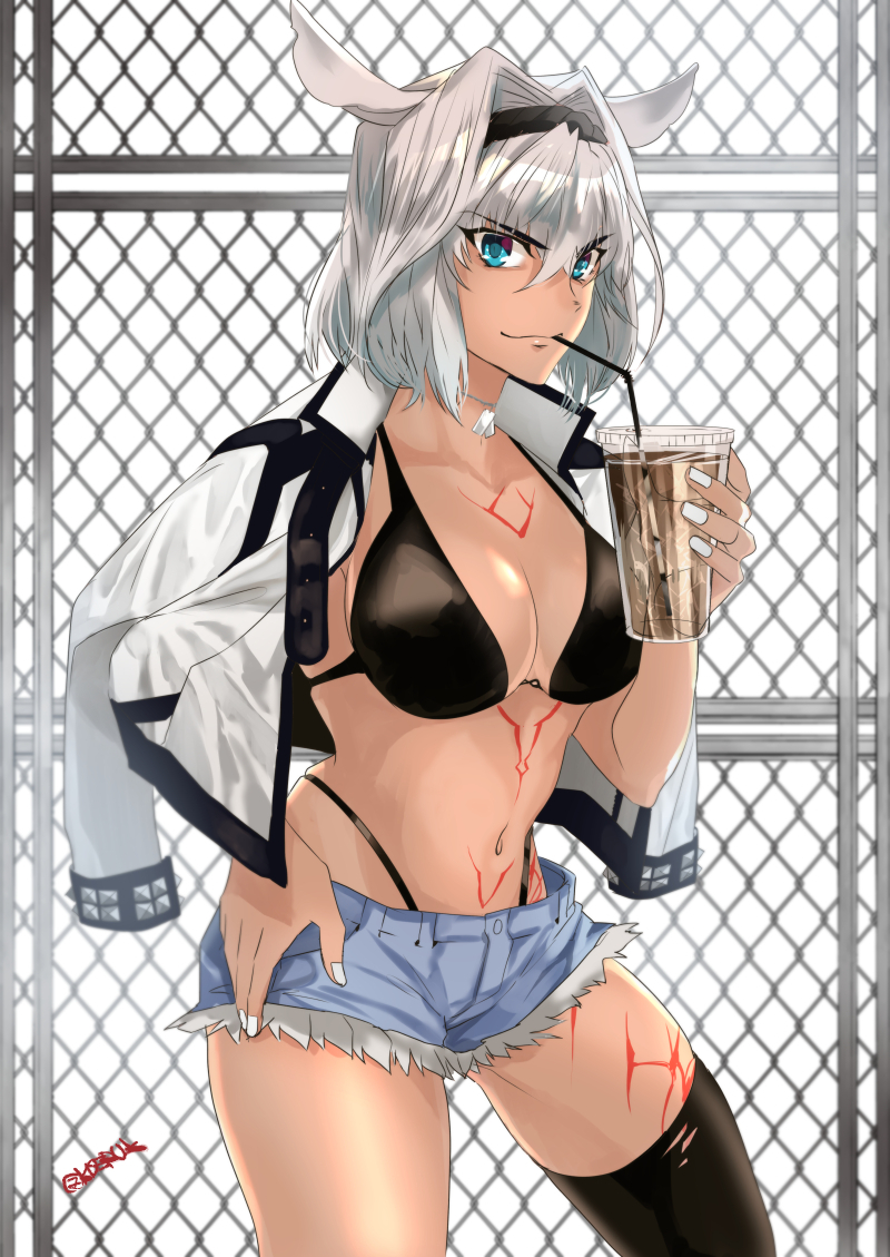 animal_ears bad_id bad_pixiv_id bikini bikini_under_clothes blue_eyes breasts caenis_(fate) cleavage commentary cup cutoffs dark_skin denim denim_shorts dog_tags drinking_straw eyebrows_visible_through_hair fate/grand_order fate_(series) grin hair_between_eyes hair_intakes hairband highleg highleg_bikini holding holding_cup jacket jacket_on_shoulders jewelry kokutan_kiseru large_breasts looking_at_viewer nail_polish navel necklace shorts single_thighhigh smile solo studded_jacket swimsuit tattoo thighhighs torn_clothes torn_legwear white_hair white_jacket white_nails wire_fence