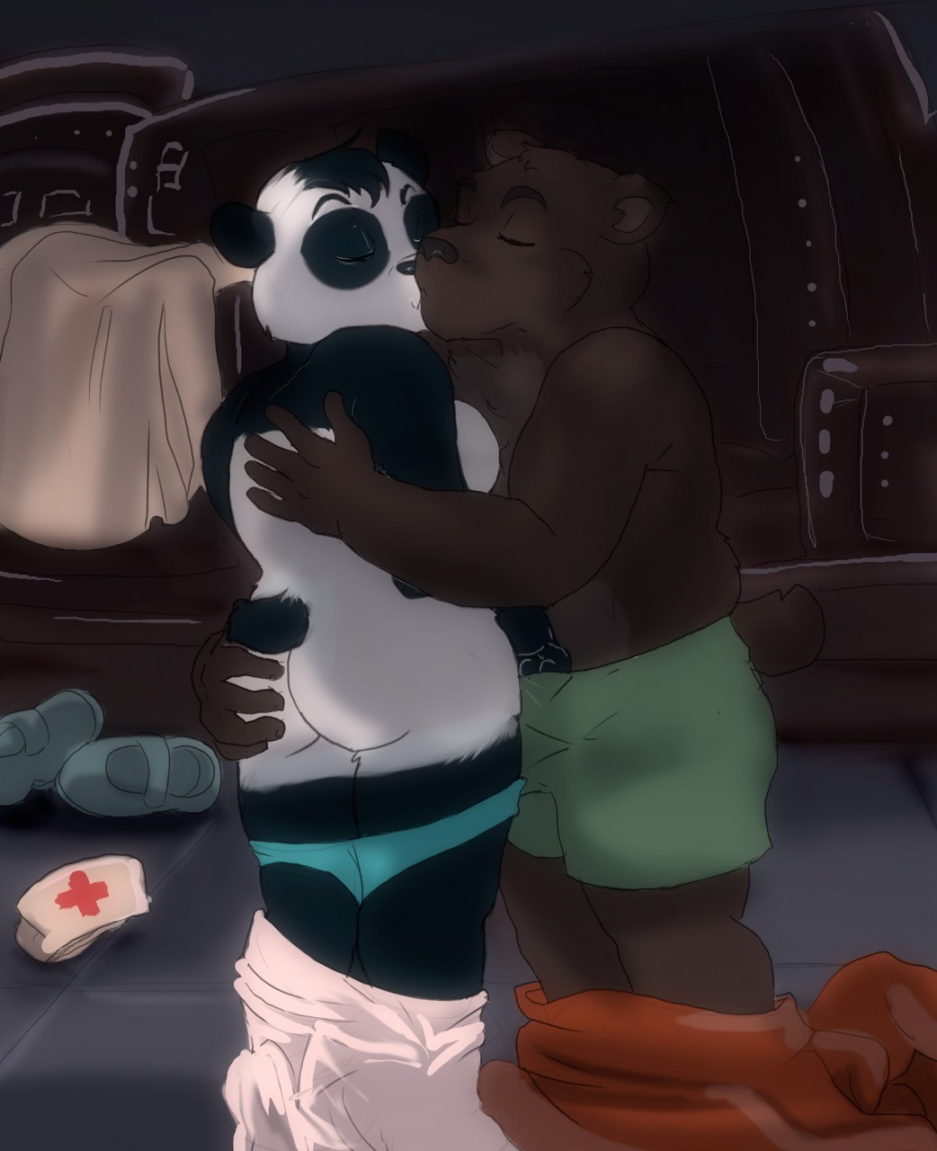 2018 anthro breasts brown_bear butt butt_grab clothed clothing digital_media_(artwork) duo eyes_closed female fur grizzly_bear hand_on_butt kissing male male/female mammal missebony nude nurse panda romantic_couple side_boob smile topless underwear undressing ursine