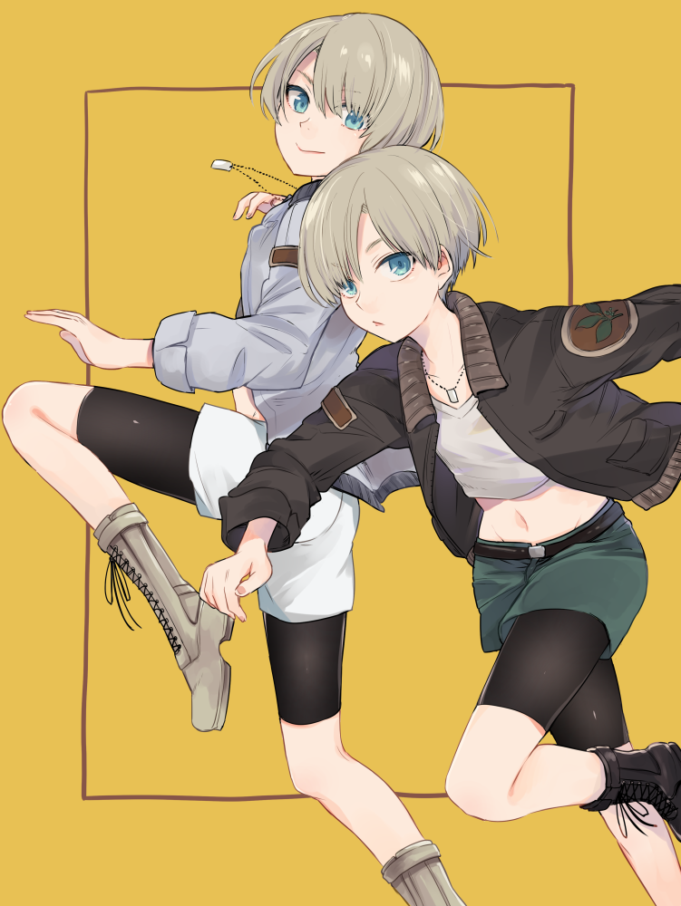 :&gt; aobe_mahito bike_shorts blonde_hair blue_eyes boots brothers jacket looking_at_viewer male_focus multiple_boys original shorts siblings smile twins