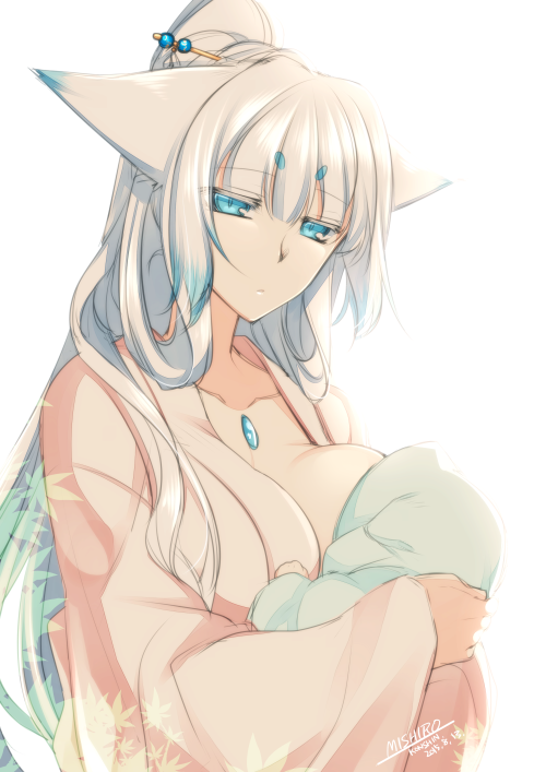 animal_ears baby blue_eyes breast_feeding breasts dated fox_ears gradient_hair hair_ornament hairpin konshin large_breasts long_hair long_sleeves looking_at_viewer multicolored_hair original ponytail short_eyebrows signature simple_background solo_focus upper_body very_long_hair white_background