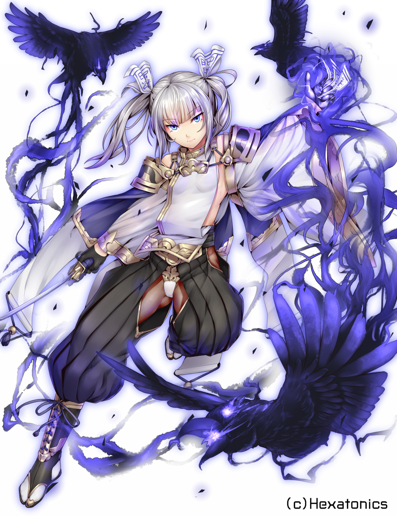 ass_visible_through_thighs bird black_gloves black_pants breasts closed_mouth copyright_request crow full_body gloves grey_hair holding holding_sword holding_weapon kageshio_(276006) looking_at_viewer official_art open_pants panties pants purple_eyes simple_background small_breasts solo standing standing_on_one_leg sword tabi twintails underwear weapon white_background white_panties