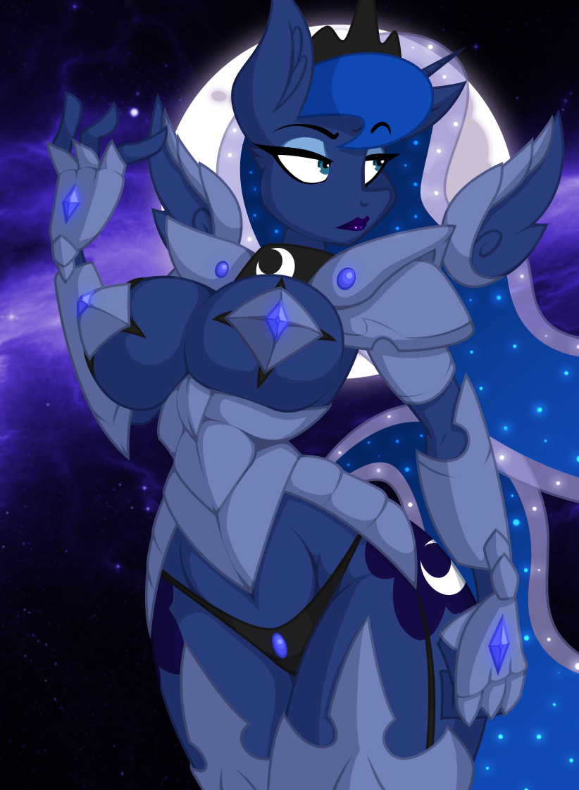 2018 anthro anthrofied armor big_breasts blue_eyes blue_feathers breasts cleavage clothed clothing crown cutie_mark digital_media_(artwork) equine eyeshadow feathered_wings feathers female friendship_is_magic gauntlets gloves hi_res horn jewelry jrvanesbroek lipstick makeup mammal moon my_little_pony navel nebula necklace panties princess_luna_(mlp) solo sparkles star unconvincing_armor underwear winged_unicorn wings