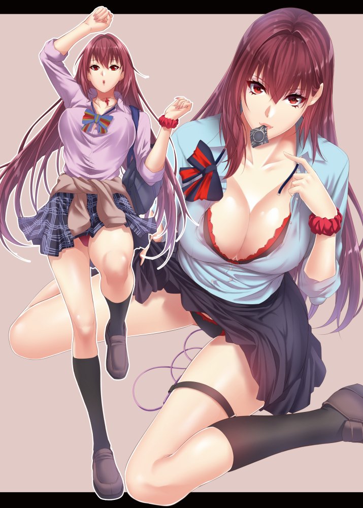 alternate_costume arm_up bangs black_bra black_legwear black_panties black_skirt blue_shirt bow bra breasts brown_footwear cleavage clothes_around_waist collarbone commentary condom condom_in_mouth eyebrows_visible_through_hair fate/grand_order fate_(series) from_above hair_intakes kneehighs large_breasts leg_up loafers long_hair long_sleeves looking_at_viewer mouth_hold neckerchief open_clothes open_shirt panties pleated_skirt purple_hair purple_shirt red_eyes red_scrunchie remote_control_vibrator scathach_(fate)_(all) scathach_(fate/grand_order) school_uniform scrunchie serafuku shirt shoes sitting skirt sleeves_rolled_up standing sweater_around_waist thigh_strap tied_sweater underwear vibrator vibrator_under_clothes vibrator_under_panties wariza wrist_scrunchie zucchini