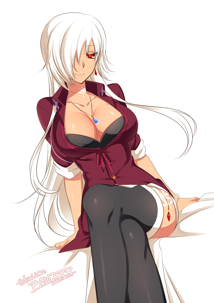 black_bra black_legwear bra breasts closed_mouth crossed_legs dated dress hair_over_one_eye jewelry konshin large_breasts long_hair necklace original red_dress signature simple_background sitting sleeves_past_wrists smile solo thighhighs underwear white_background