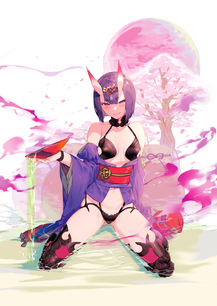 alcohol bob_cut cherry_blossoms cup fate/grand_order fate_(series) horns japanese_clothes kimono kneeling menea moon oni oni_horns open_clothes open_kimono purple_hair revealing_clothes sakazuki sake short_eyebrows short_hair shuten_douji_(fate/grand_order) solo tree