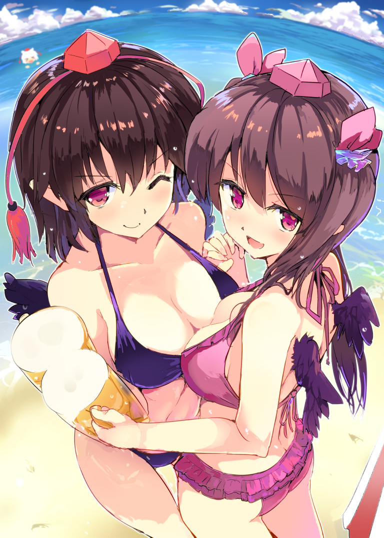 alternate_costume ass asymmetrical_docking bangs bare_shoulders beach beer_mug bikini bird_wings black_hair black_wings blue_bikini blush breast_press breasts brown_hair cleavage commentary_request contemporary from_above hair_ribbon hat himekaidou_hatate holding_hand interlocked_fingers long_hair looking_at_viewer multiple_girls ocean one_eye_closed open_mouth pointy_ears pom_pom_(clothes) purple_bikini puuakachan red_eyes ribbon sand shameimaru_aya short_hair small_breasts stomach swimsuit thighs tokin_hat touhou twintails wings