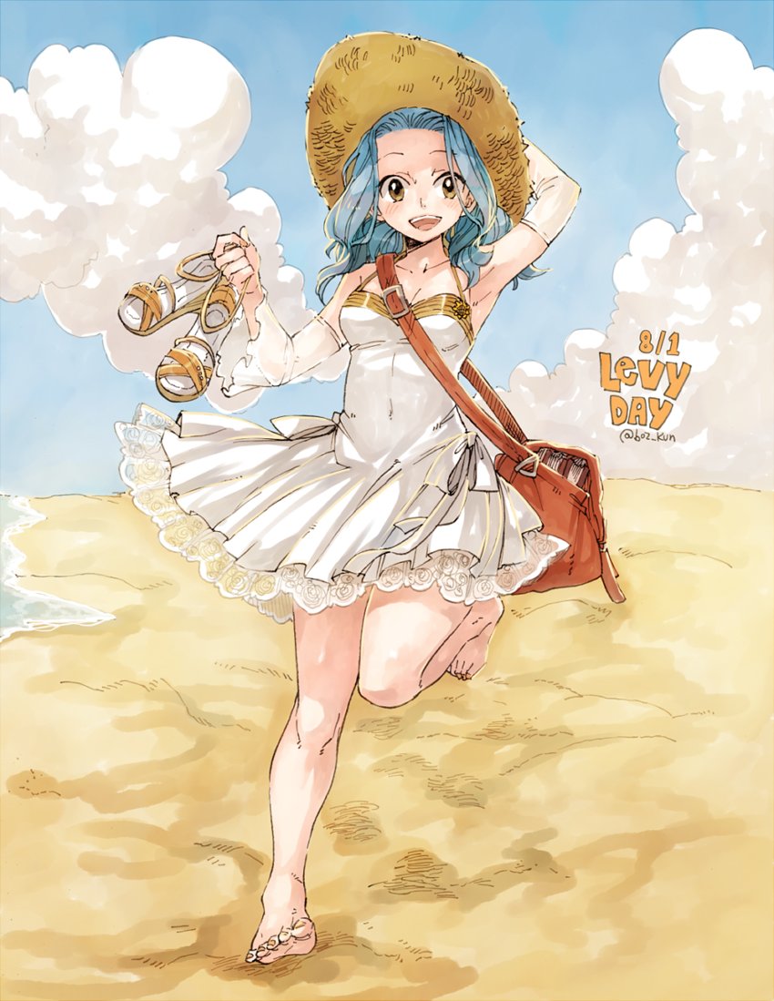 :d arm_up armpits barefoot beach blue_hair blue_sky breasts brown_eyes character_name cleavage cloud collarbone day detached_sleeves dress fairy_tail feet hat holding leg_up levy_mcgarden long_hair nail_polish open_mouth outdoors rusky see-through short_dress sky sleeveless sleeveless_dress small_breasts smile solo standing standing_on_one_leg straw_hat sun_hat sundress toenail_polish white_dress yellow_hat