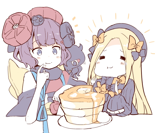 :t =_= abigail_williams_(fate/grand_order) bangs black_bow black_dress black_hat blonde_hair blue_eyes bow butter closed_eyes closed_mouth commentary dress eating eyebrows_visible_through_hair fate/grand_order fate_(series) food food_on_face forehead fork hair_bow hair_ornament hat holding holding_fork holding_knife katsushika_hokusai_(fate/grand_order) knife long_hair long_sleeves multiple_girls nanateru orange_bow pancake parted_bangs plate purple_hair sleeves_past_fingers sleeves_past_wrists stack_of_pancakes syrup tokitarou_(fate/grand_order) white_background