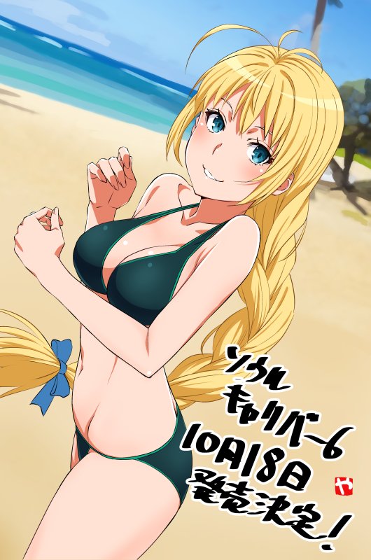 bare_shoulders beach bikini blonde_hair breasts cleavage commentary_request green_eyes groin hair_ribbon looking_at_viewer navel ocean ribbon sky smile solo sophitia_alexandra soulcalibur soulcalibur_vi swimsuit yamazaki_(now_printing)
