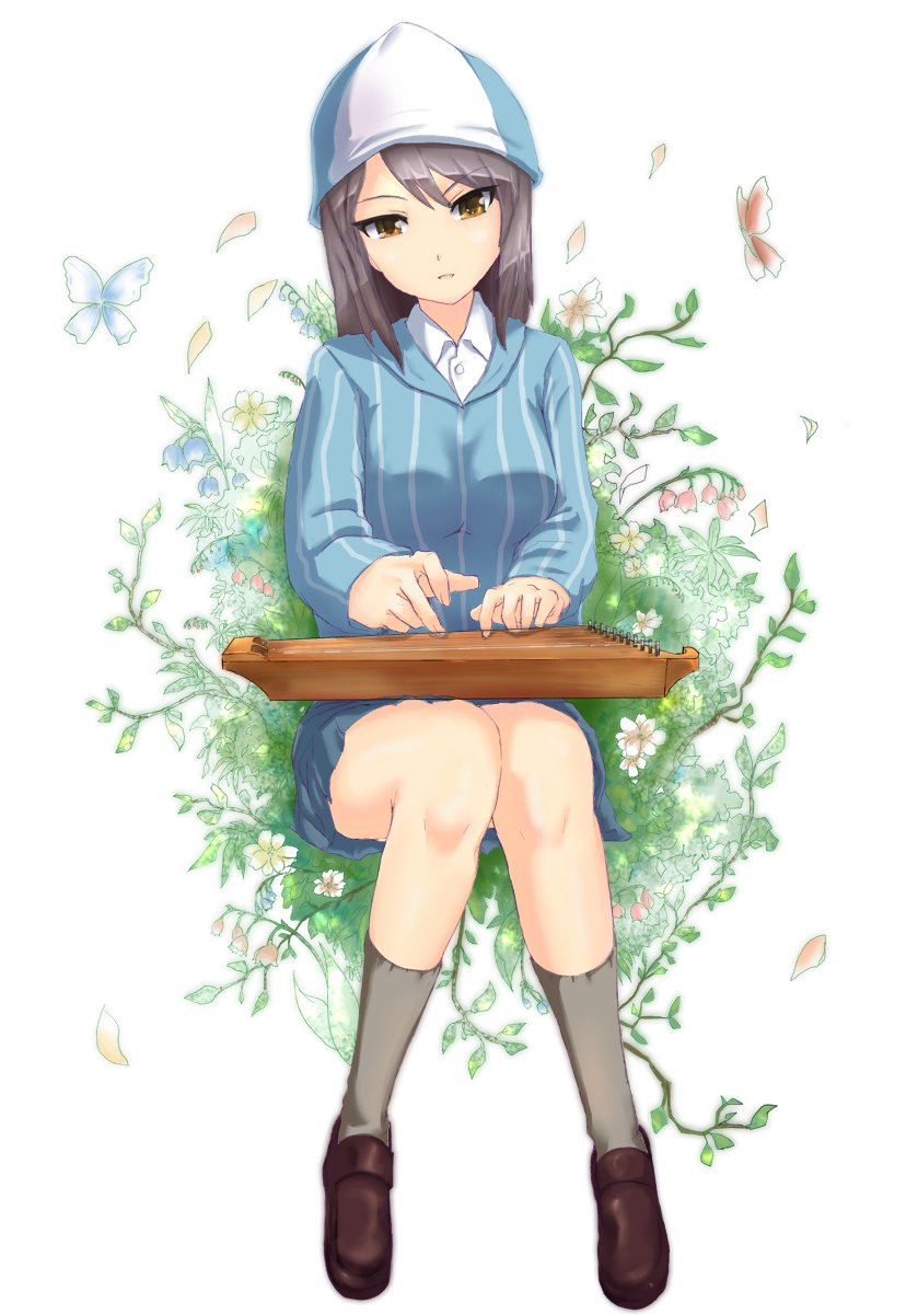 blue_footwear blue_hat blue_shirt brown_eyes brown_hair buchikaki bug butterfly commentary dress_shirt eyebrows_visible_through_hair flower flower_request full_body girls_und_panzer grey_legwear grey_skirt hat head_tilt highres holding holding_instrument insect instrument ivy kantele keizoku_school_uniform light_smile loafers long_hair long_sleeves looking_at_viewer mika_(girls_und_panzer) miniskirt music parted_lips playing_instrument pleated_skirt school_uniform shirt shoes sitting skirt socks solo striped striped_shirt vertical-striped_shirt vertical_stripes white_background white_shirt