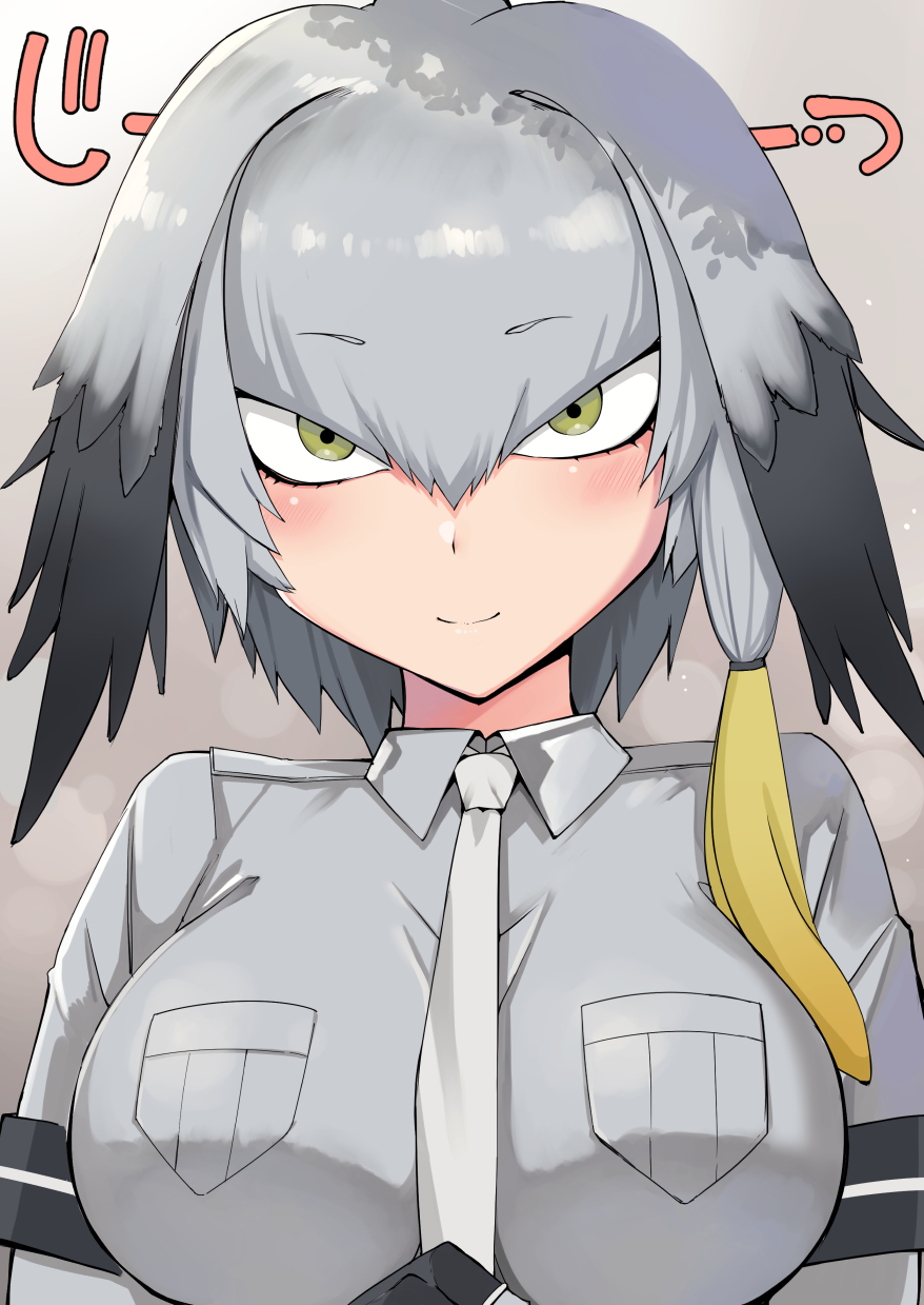 bangs black_gloves black_hair blonde_hair blush breast_pocket breasts closed_mouth collared_shirt commentary_request eyebrows_visible_through_hair fingerless_gloves gloves green_eyes grey_hair grey_neckwear grey_shirt hair_between_eyes highres kemono_friends long_hair long_sleeves looking_at_viewer low_ponytail multicolored_hair necktie nuko_(mikupantu) pocket shirt shoebill_(kemono_friends) short_over_long_sleeves short_sleeves side_ponytail smile solo sound_effects upper_body
