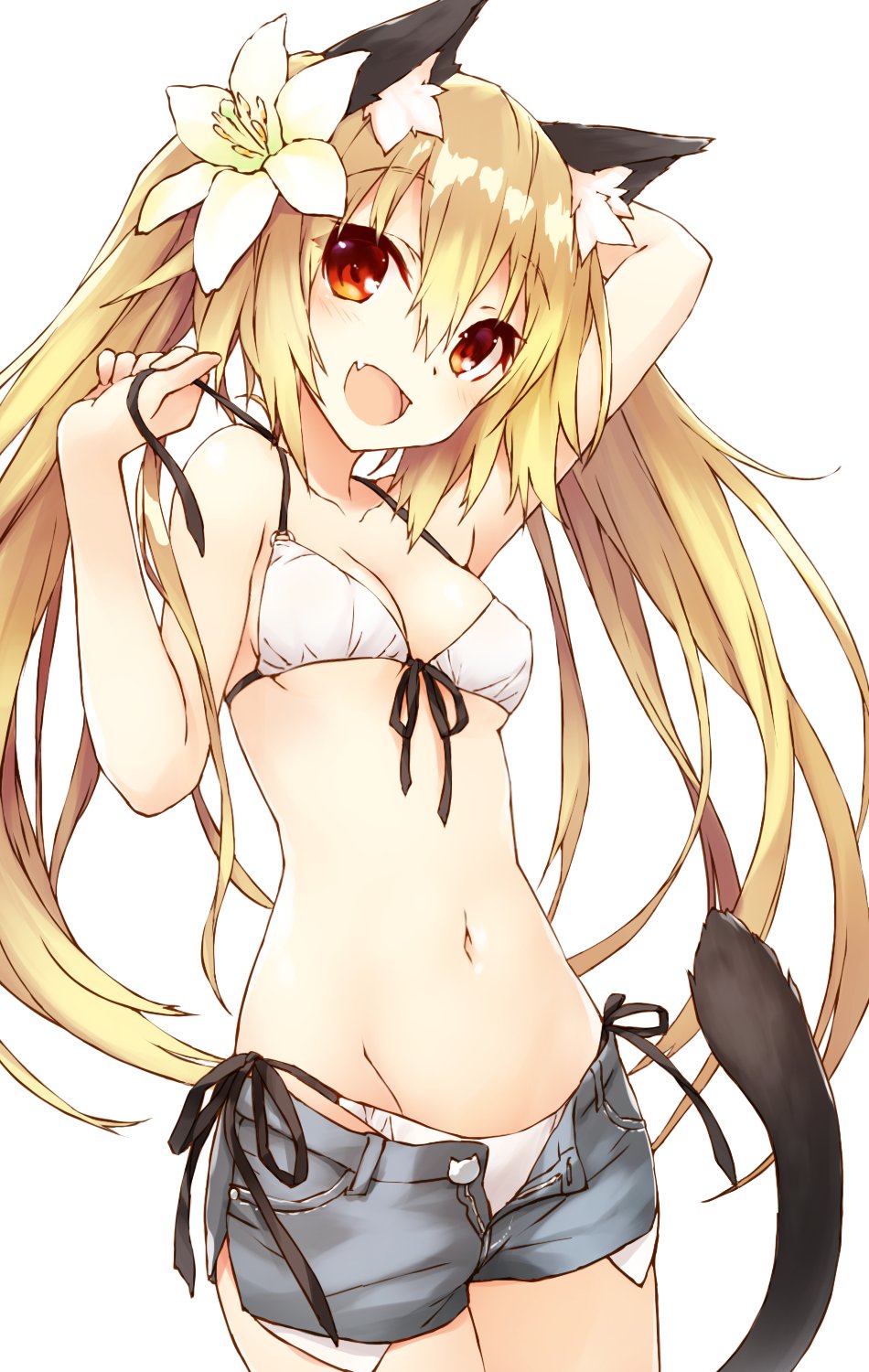 :d animal_ears arm_up armpits bikini bikini_under_clothes blonde_hair breasts cat_ears cat_tail cleavage eyebrows_visible_through_hair fang flower front-tie_bikini front-tie_top hair_flower hair_ornament hand_up highres long_hair looking_at_viewer navel open_mouth open_pants original red_eyes saeki_touma short_shorts shorts side-tie_bikini simple_background small_breasts smile solo string_bikini swimsuit tail very_long_hair
