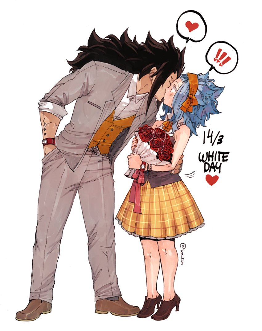1girl blue_hair blush bouquet brown_footwear couple dress_shirt ear_piercing fairy_tail flower frilled_skirt frills full_body gajeel_redfox grey_jacket grey_pants hand_in_pocket hand_on_another's_hip headband high_heels holding holding_bouquet jacket kiss leaning_forward levy_mcgarden long_hair open_clothes open_jacket pants piercing pleated_skirt red_flower red_ribbon red_rose ribbon rose rusky shirt signature simple_background skirt sleeveless watch white_background white_shirt wrist_ribbon wristwatch yellow_skirt