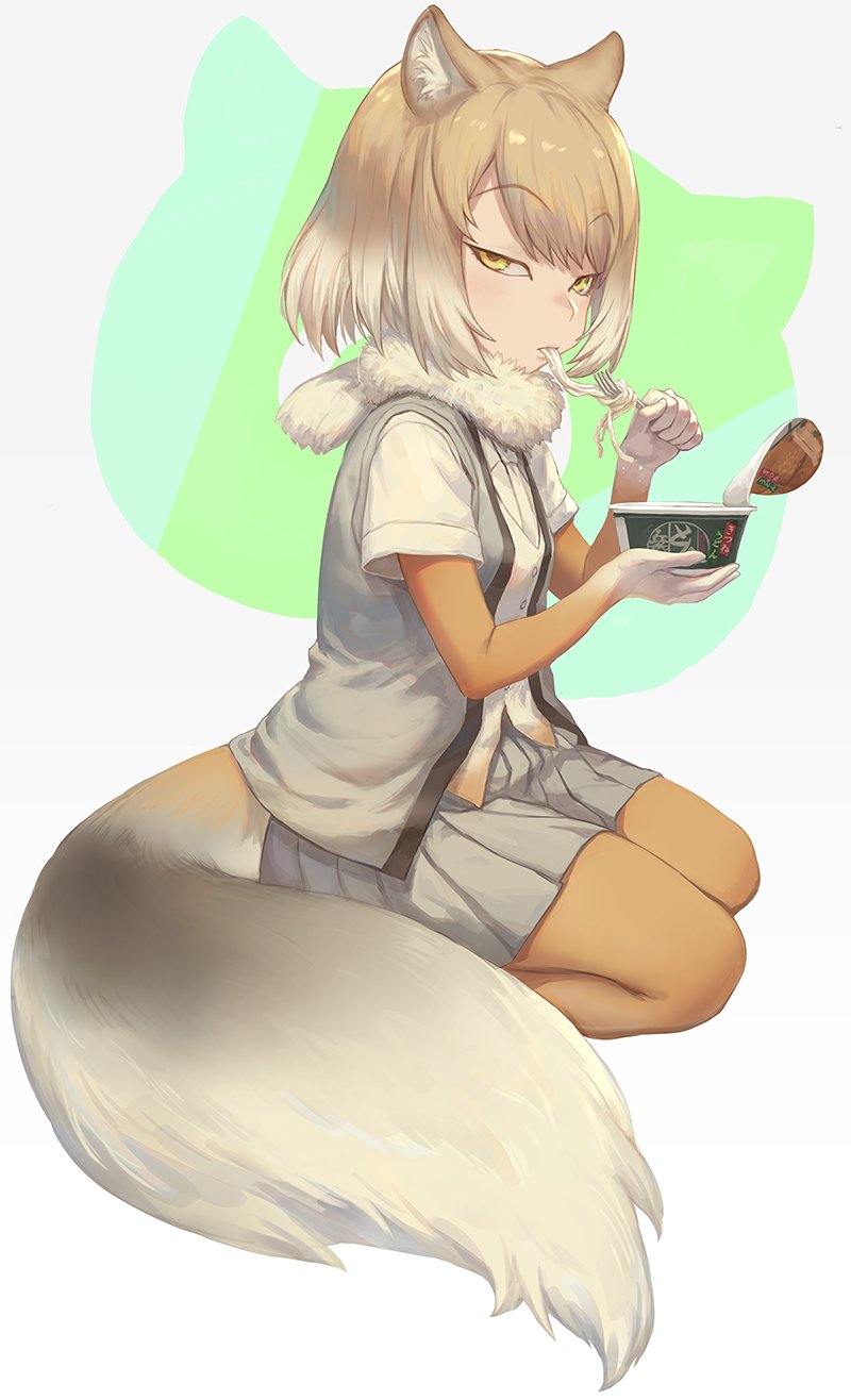 animal_ears bangs blonde_hair brown_hair brown_legwear buttons commentary_request donbee_(food) eating expressionless eyebrows_visible_through_hair food fork fox_ears fox_tail from_side full_body fur_collar grey_skirt grey_vest guchico highres holding holding_fork japari_symbol jpeg_artifacts kemono_friends light_brown_hair looking_at_viewer miniskirt mouth_hold multicolored_hair noodles pleated_skirt seiza shirt short_hair short_sleeves sitting skirt solo tail tibetan_sand_fox_(kemono_friends) udon vest white_background white_neckwear white_shirt yellow_eyes