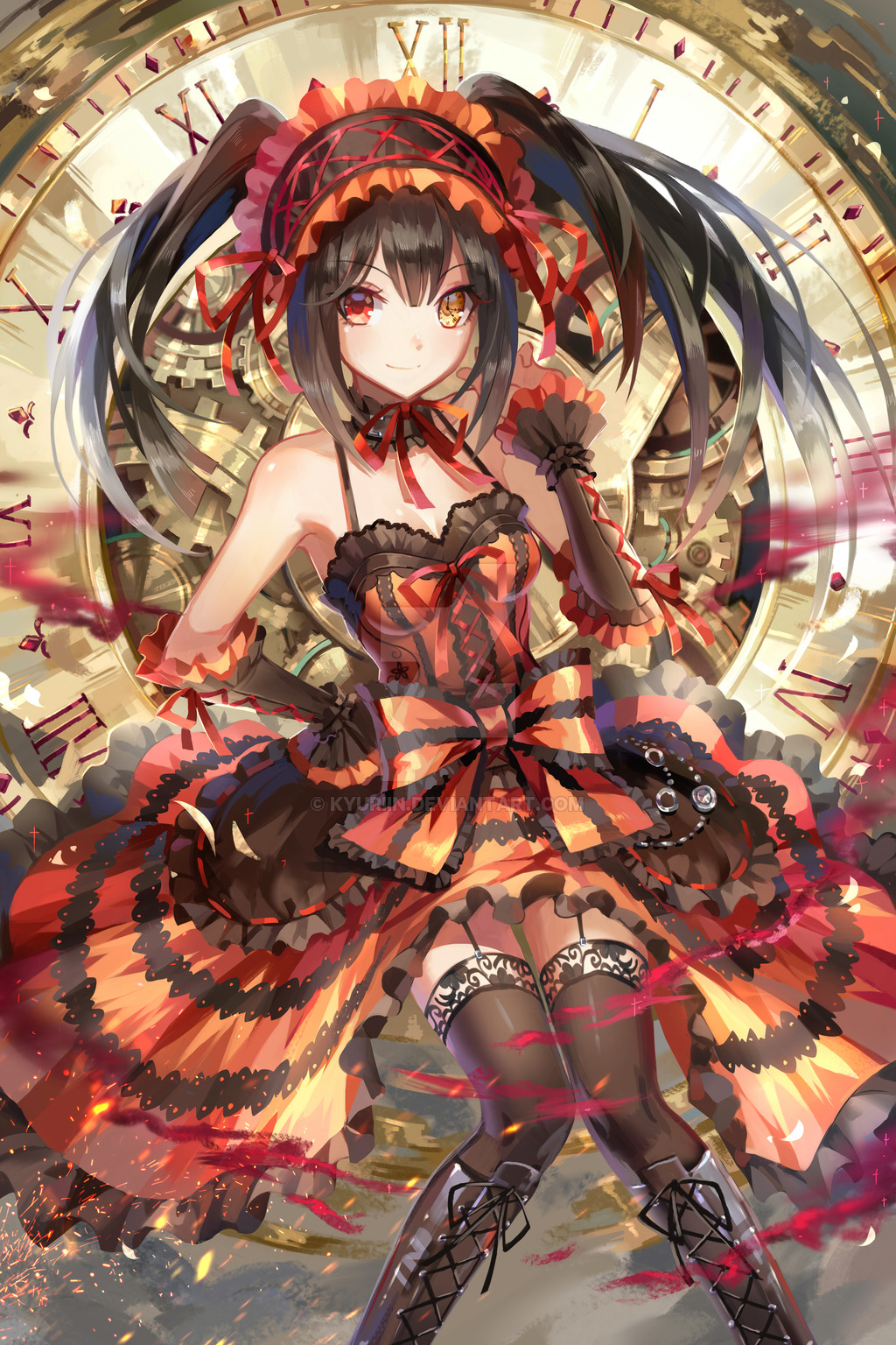 bare_shoulders black_hair boots bow breasts brown_legwear cleavage cross-laced_footwear date_a_live dress garter_straps hairband heterochromia highres knee_boots kyurin_(sunnydelight) lace-up_boots lolita_fashion lolita_hairband looking_at_viewer ribbon thighhighs tokisaki_kurumi twintails