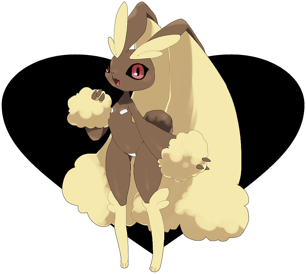 1girl :3 animal_ears black_sclera blush bunny_ears bunny_tail cameltoe female flat_chest full_body furry gen_4_pokemon hand_up hatenakayubi heart looking_at_viewer lopunny maebari no_humans open_mouth pasties paws pokemon pokemon_(creature) red_eyes simple_background smile solo standing tail two-tone_background