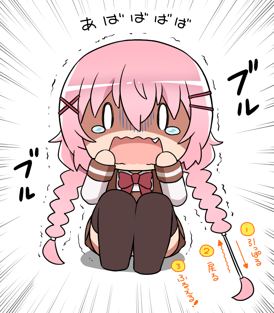 1girl black_legwear bow bowtie braid chibi comic_girls commentary_request d: emphasis_lines fang gloom_(expression) hair_ornament hairclip hand_to_own_mouth long_hair moeta_kaoruko open_mouth panties pink school_uniform shaded_face shirosato simple_background sitting solo tears thighhighs translated trembling twin_braids underwear wavy_mouth white_background white_panties x_hair_ornament