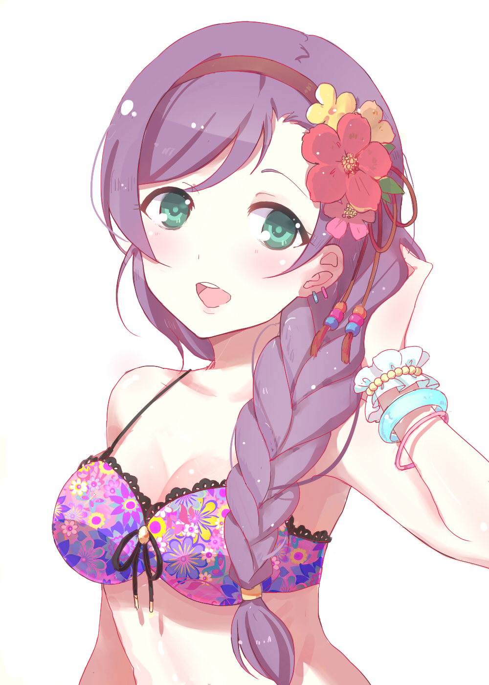 :d bangs black_hairband bracelet braid breasts brown_ribbon cleavage collarbone floral_print flower front-tie_bikini front-tie_top green_eyes hair_flower hair_ornament hair_over_shoulder hair_ribbon hairband highres jewelry long_hair love_live! love_live!_school_idol_project medium_breasts open_mouth pink_flower purple_bikini_top purple_hair red_flower ribbon shiny shiny_skin side_braid simple_background single_braid smile solo swept_bangs toujou_nozomi upper_body white_background yellow_flower yuemoe