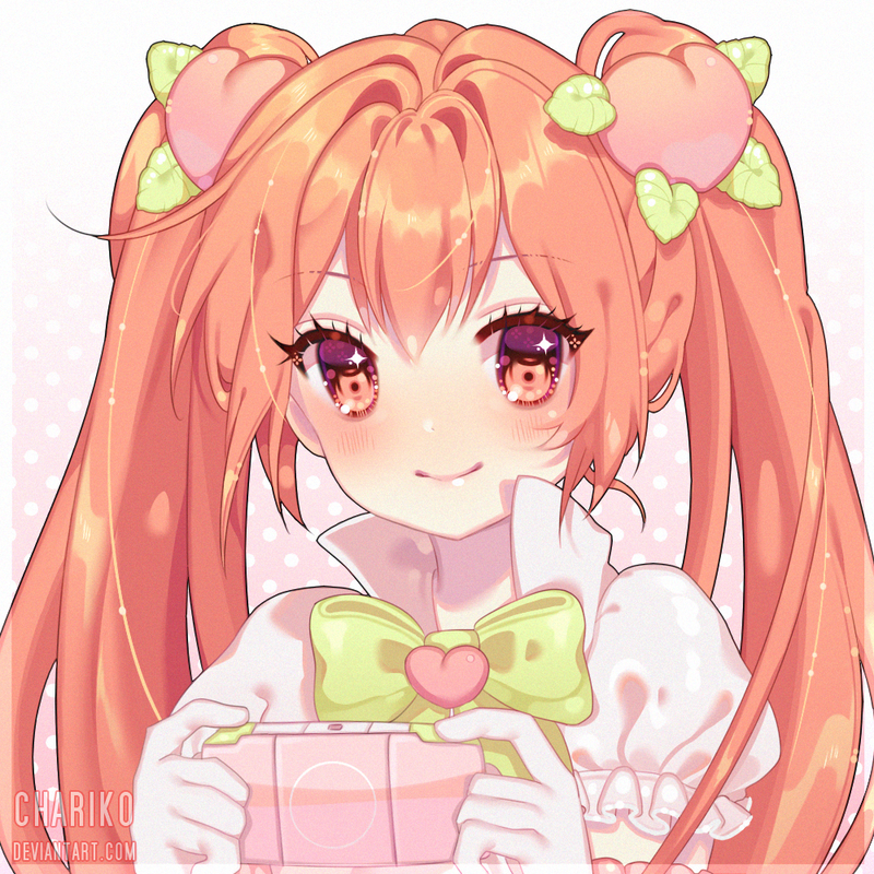 bangs blush bow brown_eyes chariko commission food_themed_hair_ornament hair_ornament long_hair looking_at_viewer orange_eyes orange_hair original peach_hair_ornament playing_games smile twintails upper_body yuzuki_airi