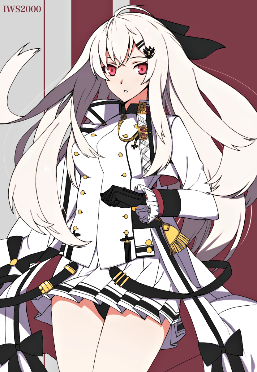 bangs black_bow black_gloves black_panties bow breasts buttons character_name cropped_jacket crown double-breasted frilled_sleeves frills fringe_trim girls_frontline gloves hair_between_eyes hair_ornament hair_ribbon hairclip hand_up highres iws-2000_(girls_frontline) long_hair long_sleeves looking_at_viewer military military_uniform nagidori open_mouth panties pantyshot pantyshot_(standing) pleated_skirt red_eyes ribbon shirt silver_hair skirt solo standing strap tassel thighs two-tone_background underwear uniform