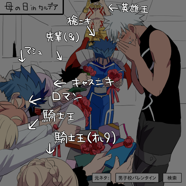 6+boys ahoge archer artoria_pendragon_(all) black_hair blonde_hair blue_hair bouquet braid cellphone closed_eyes cu_chulainn_(fate/grand_order) danshi_koukou_valentine directional_arrow dual_persona fate/grand_order fate/stay_night fate_(series) flower fujimaru_ritsuka_(male) full_body_tattoo gilgamesh hands_over_own_mouth holding holding_cellphone holding_phone lancer mars_symbol mash_kyrielight mother's_day multiple_boys multiple_girls nui_saki phone pink_hair red_flower red_rose romani_archaman rose saber saber_alter short_hair sweat tattoo translated white_hair