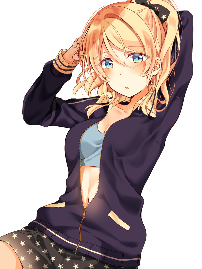 arm_behind_head arm_up ayase_eli black_bow black_skirt blonde_hair blue_eyes bow commentary_request eyebrows_visible_through_hair hair_between_eyes hair_bow hands_together jacket love_live! love_live!_school_idol_project mogu_(au1127) navel navy_blue_jacket ponytail print_bow print_skirt sidelocks simple_background skirt solo sports_bra star star_print stretch unzipped white_background