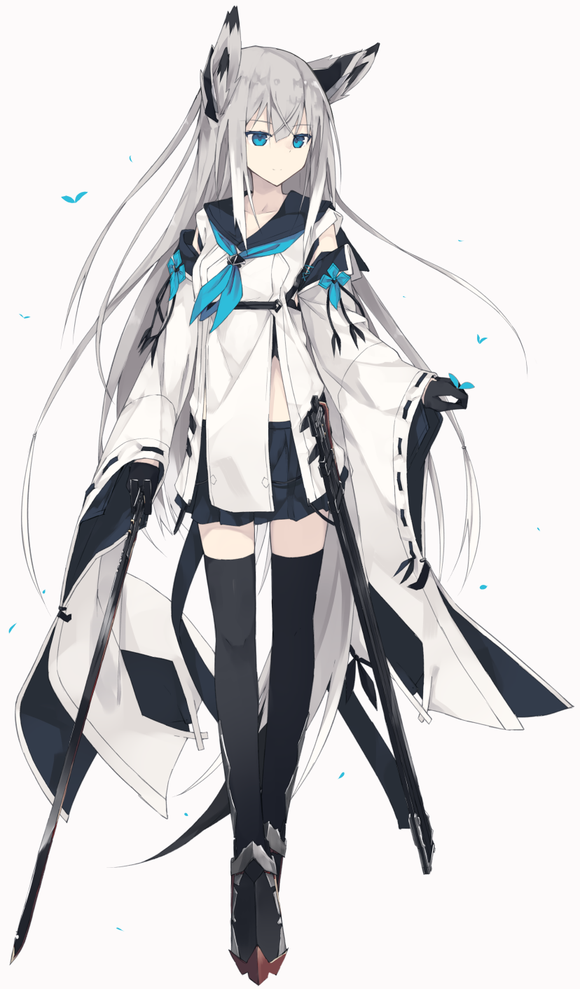 animal_ears azur_lane bangs black_gloves black_legwear black_sailor_collar black_skirt blue_eyes blue_neckwear breasts bug butterfly butterfly_on_hand commentary detached_sleeves eyebrows eyebrows_visible_through_hair feathered_wings feathers fox_ears fox_tail full_body gloves head_wings high_heels highres holding holding_sword holding_weapon insect katana kawakaze_(azur_lane) long_hair looking_at_animal miniskirt nagishiro_mito neckerchief pleated_skirt ribbon-trimmed_clothes ribbon-trimmed_sleeves ribbon_trim sailor_collar shirt silver_hair simple_background skirt small_breasts smile solo standing straight_hair sword tachi-e tail thighhighs weapon white_background white_shirt wings zettai_ryouiki