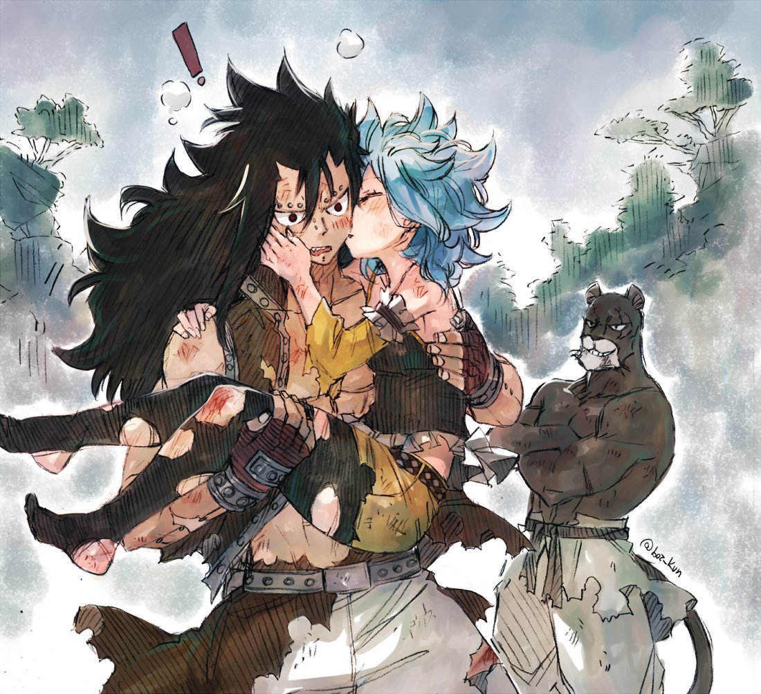 1girl 2boys black_hair black_legwear black_shirt blood blush brown_eyes carrying cheek_kiss collarbone couple crossed_arms detached_sleeves fairy_tail gajeel_redfox grin hair_between_eyes hand_on_another's_shoulder kiss levy_mcgarden long_hair multiple_boys open_mouth orange_shorts pantherlily pants pantyhose princess_carry rusky shirt short_shorts shorts sketch sleeveless sleeveless_shirt smile torn_clothes torn_legwear torn_shorts very_long_hair white_pants