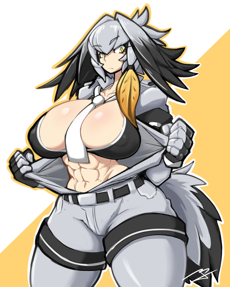 abs bangs belt bird_tail black_bra black_gloves black_hair bra breasts closed_mouth collarbone collared_shirt commentary_request covered_nipples cowboy_shot curvy expressionless eyebrows_visible_through_hair fingerless_gloves gloves grey_hair grey_legwear grey_shirt grey_shorts hair_between_eyes hands_up highres hips huge_breasts kemono_friends kimyouna_juju long_hair long_sleeves looking_at_viewer low_ponytail multicolored_hair navel necktie open_clothes open_shirt orange_hair pantyhose pantyhose_under_shorts pocket pulled_by_self shirt shirt_pull shoebill_(kemono_friends) short_over_long_sleeves short_sleeves shorts side_ponytail sidelocks solo standing stomach thick_thighs thighs toned underwear undressing white_neckwear yellow_eyes