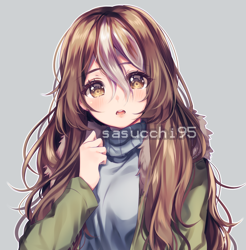 arm_up arms_up artist_name blush brown_eyes brown_hair coat commission hair_between_eyes long_hair long_sleeves multicolored_hair open_mouth original sasucchi95 solo sweater turtleneck turtleneck_sweater wavy_hair