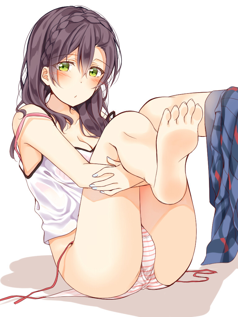 alternate_hairstyle bangs barefoot blush braid breasts cameltoe camisole cleavage commentary_request crown_braid green_eyes leg_hug legs_up long_hair love_live! love_live!_school_idol_project mogu_(au1127) nail_polish panties partially_undressed red_ribbon ribbon ribbon_removed sitting skirt skirt_around_one_leg soles solo striped striped_panties toes toujou_nozomi underwear white_background